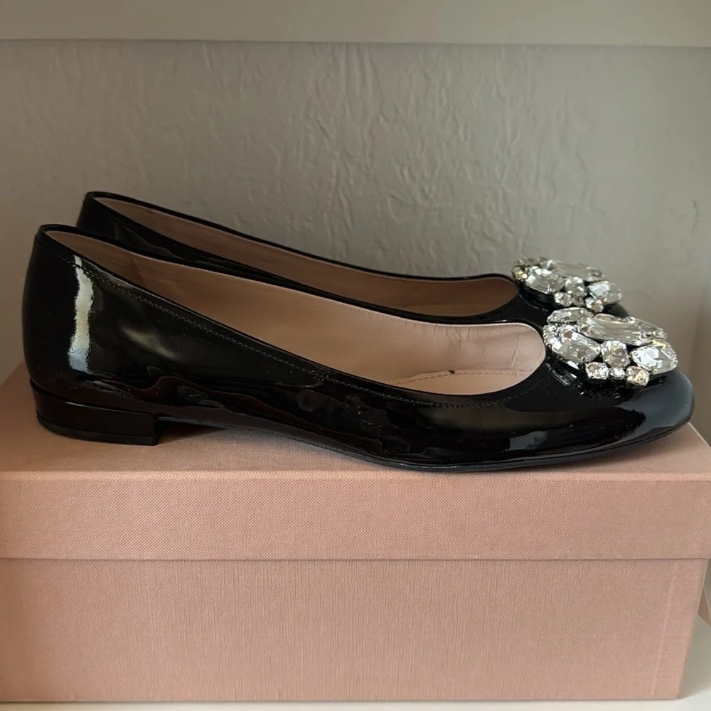Miu Miu Crystal Black Patent Ballet Flats size 41